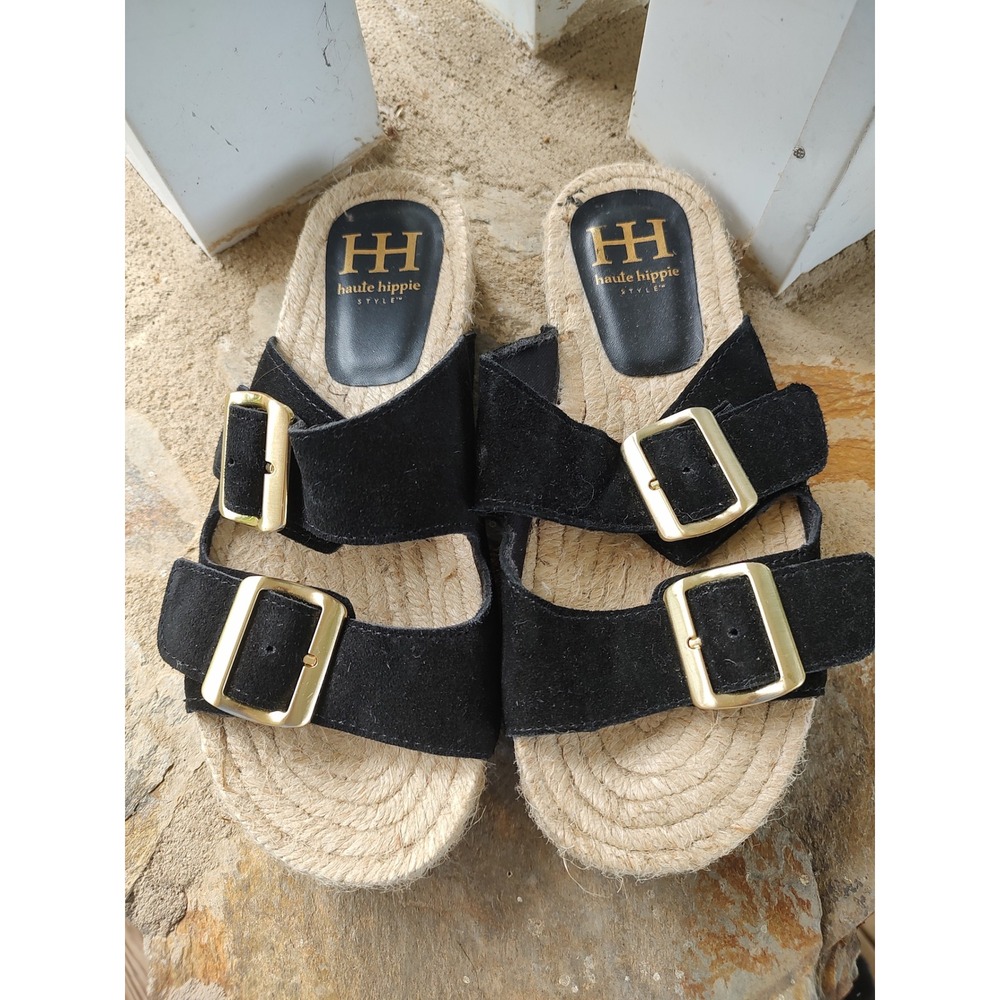 Haute Hippie Style Nikki Black Suede Espadrille Buckle Slide Sandals Size 7M